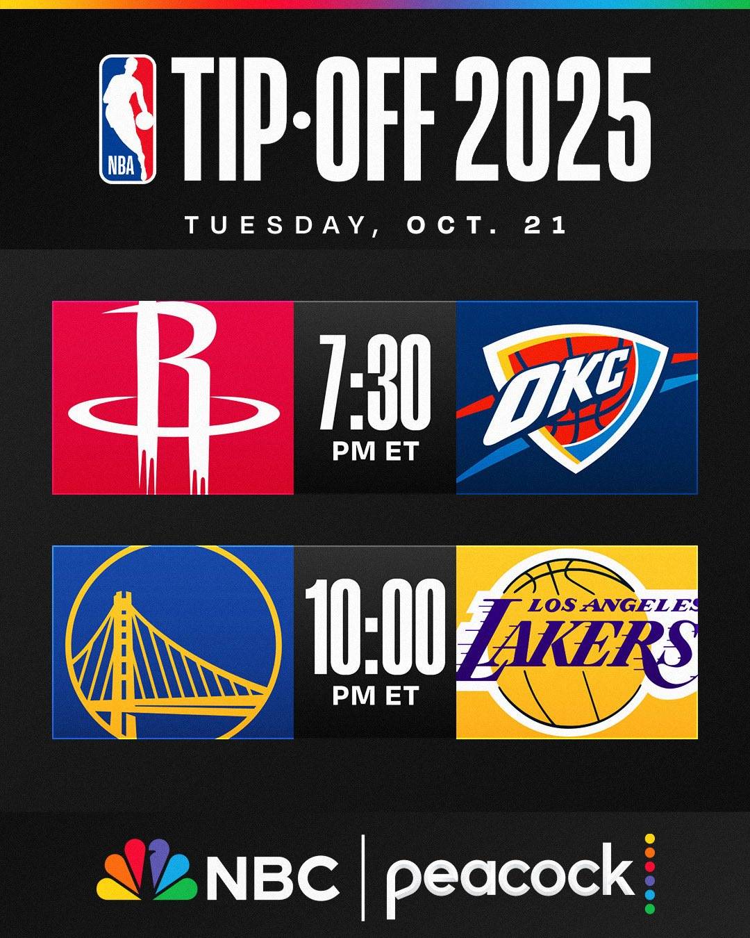 NBA官宣(xuān)新赛季揭幕战：火箭VS雷霆 勇士VS湖人